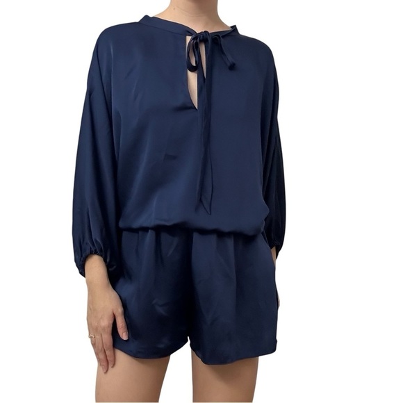 Ramy Brook Diane Romper Spring Navy Blue Long Sleeve Satin Chic Size Medium New - Picture 8 of 8